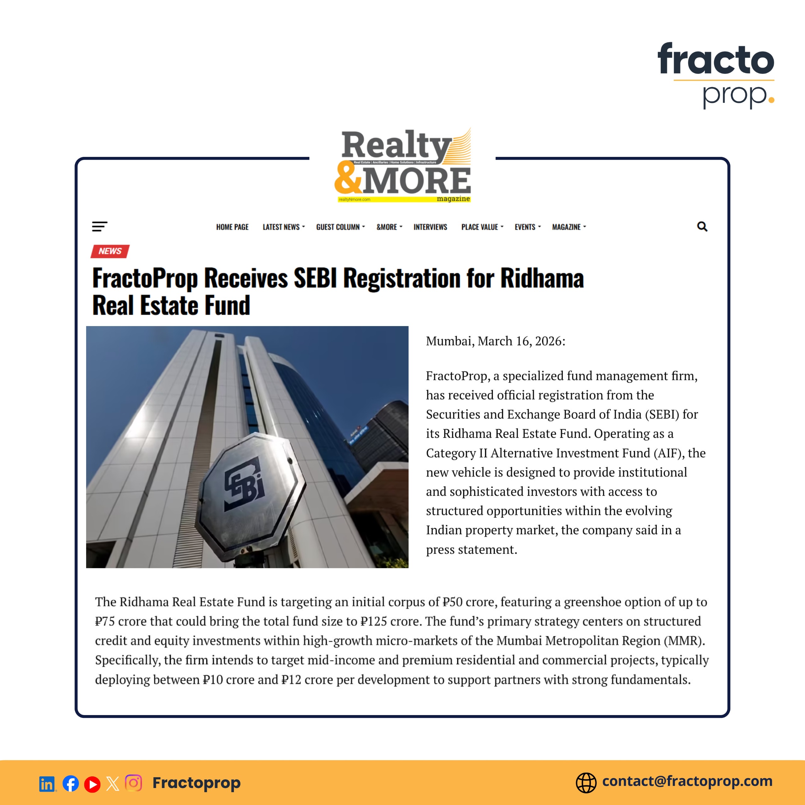 FractoProp receives SEBI registration for Ridhama Real Estate Fund - Realty & More
