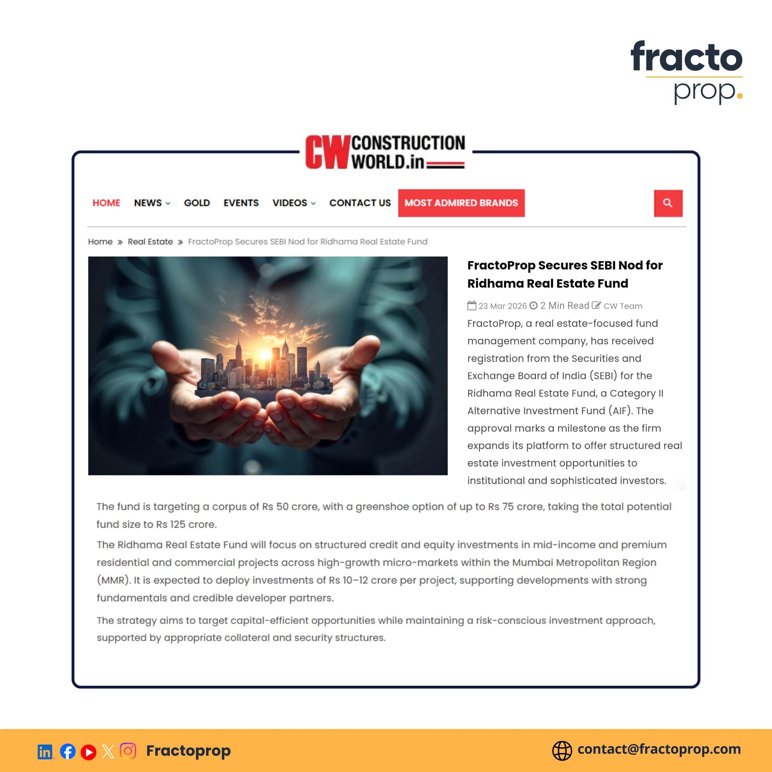 FractoProp receives SEBI registration for Ridhama Real Estate Fund - Realty & More